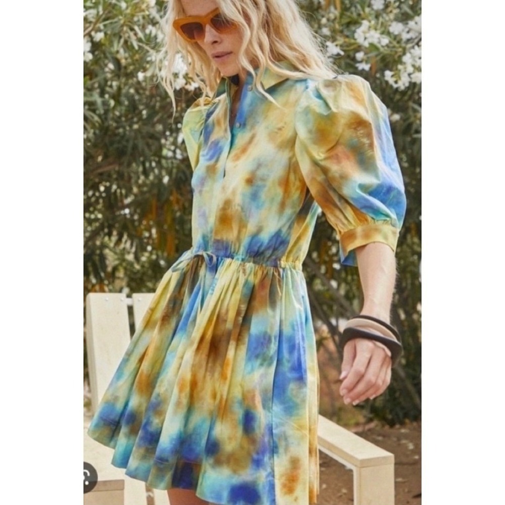 B44 Hunter Bell McCauley Tie Dye Mini Dress Womens XS Puff Sleeve Collared Flowy
